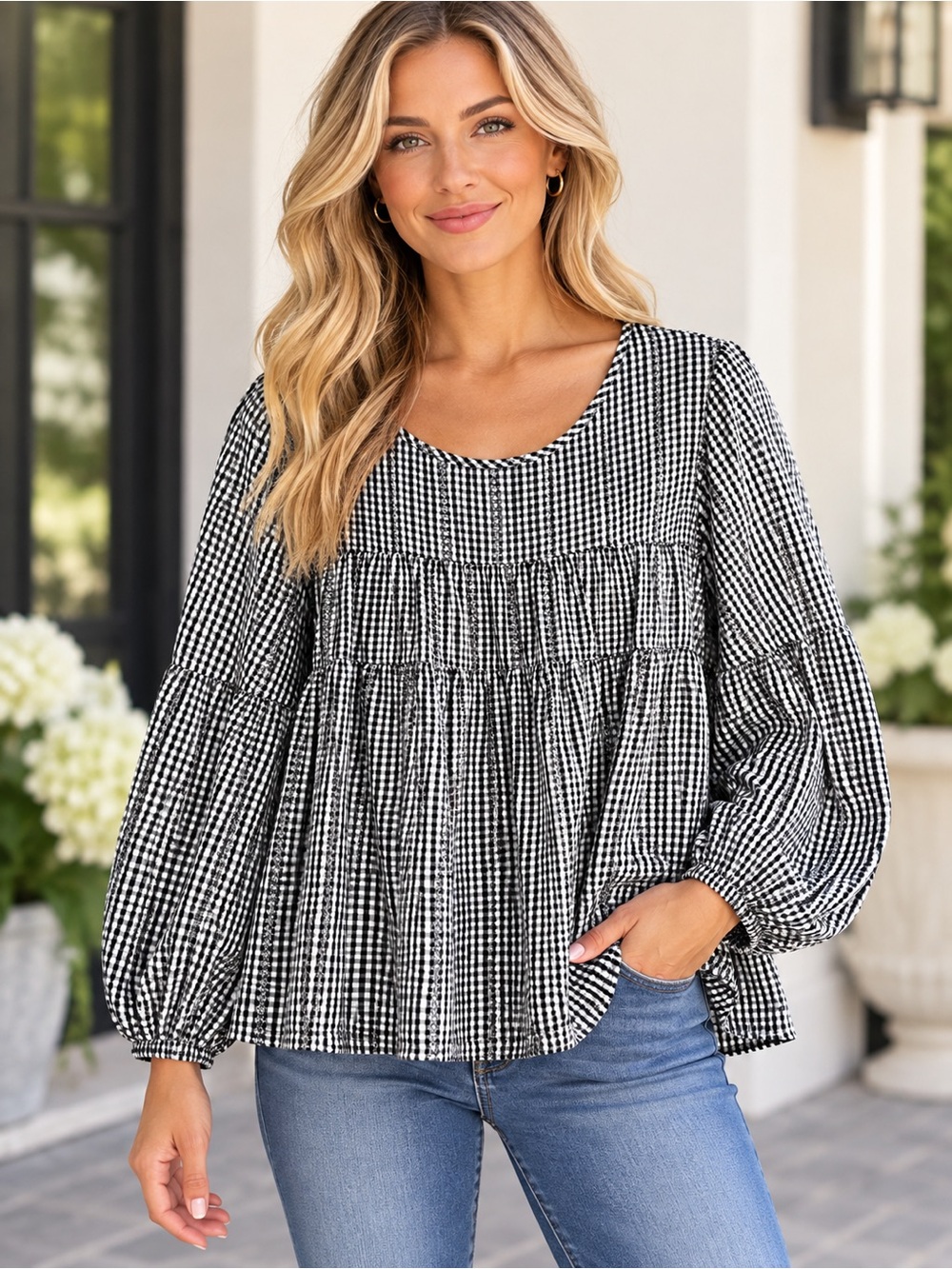 Max Studio Black White Gingham Peasant Blouse Boho Womens S Ballon Sleeve Casual